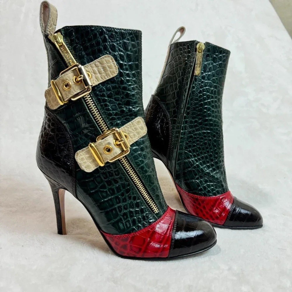 Luciano Padovan Womens Boots High Heel Shoes Red & Green Crocodile Italy Size 36 - Picture 5 of 16